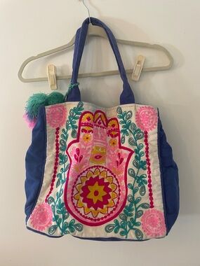 Embroidered Hamsa Tote Bag in Blue and Pink